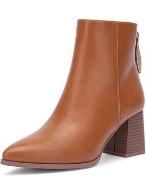 Women's Brown Pointed Toe Ankle Chunky Block High Heel Comfort Stacked Boots